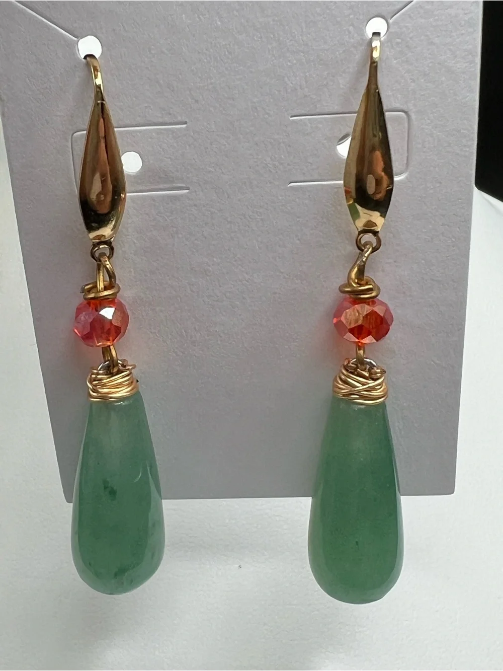 Aventurine Handmade Green Stone Teardrop Earrings Red Crystal